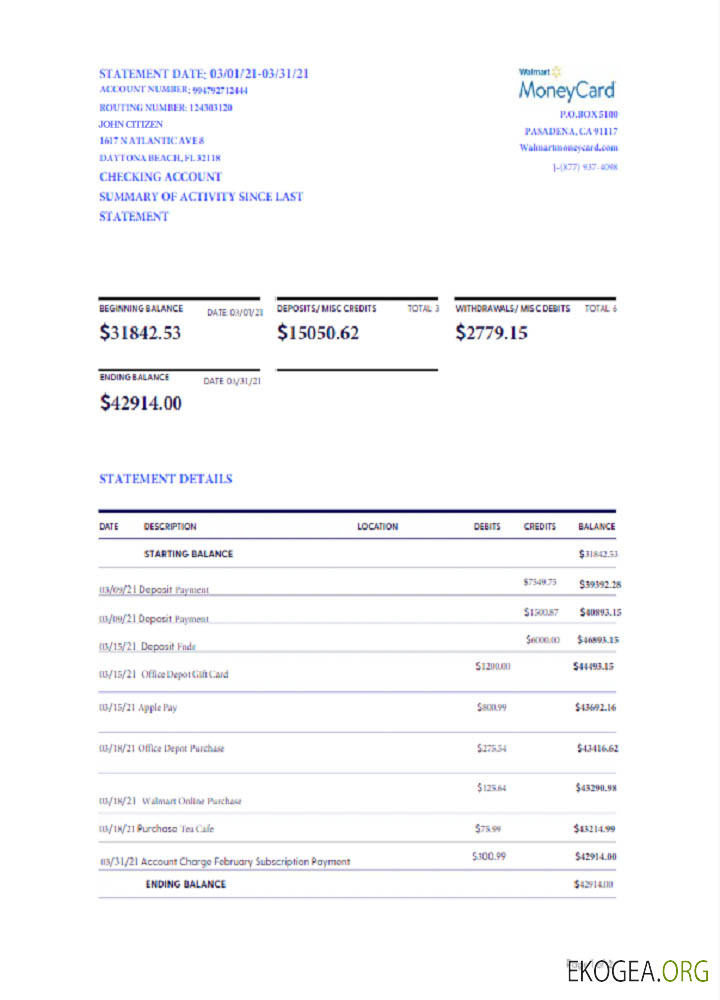 Modèle Word et PDF de relevé de carte Walmart Money des États Unis, version 2 scr